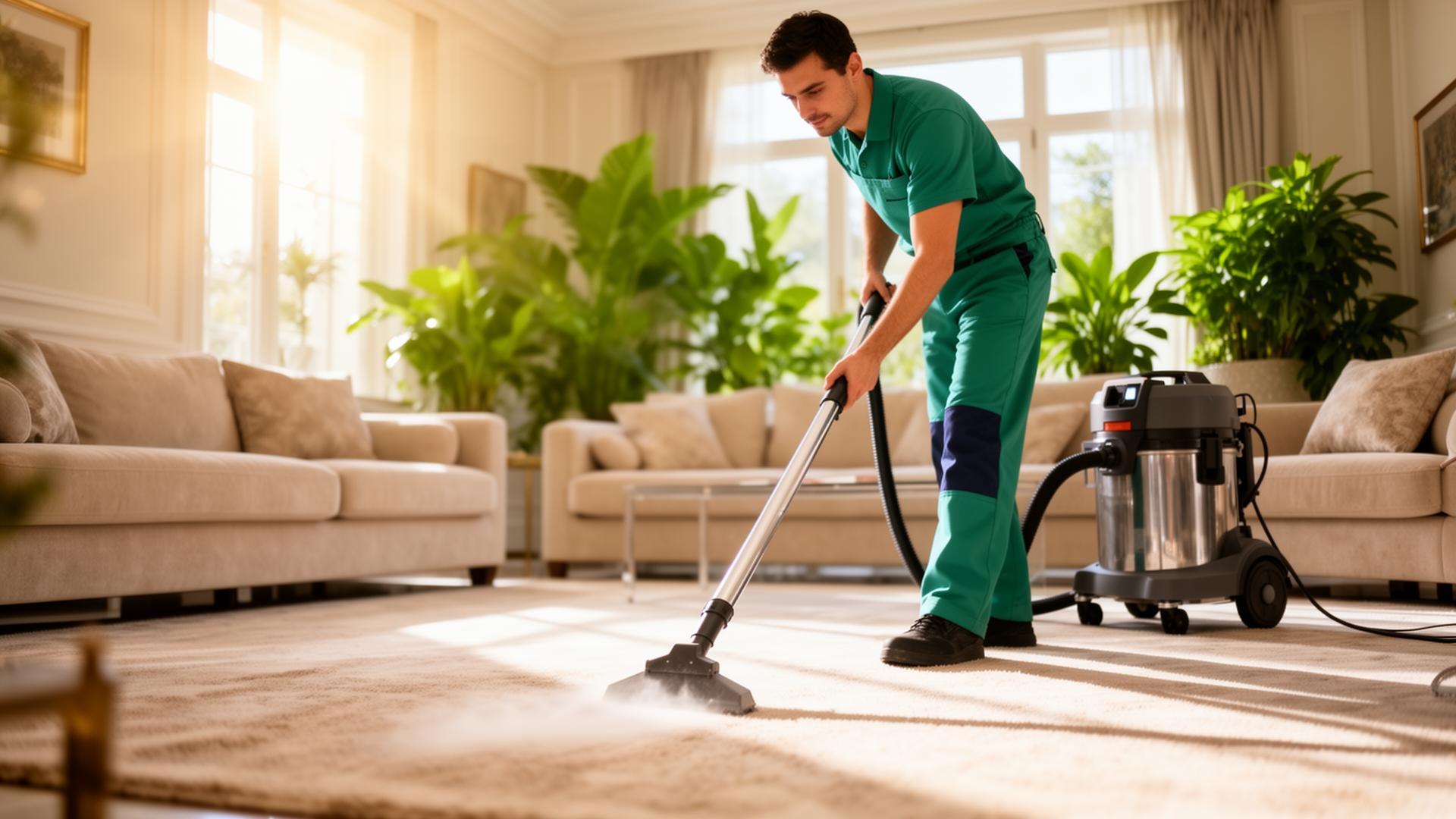 Eco-friendly carpet cleaning professional working in a bright Livingston NJ home